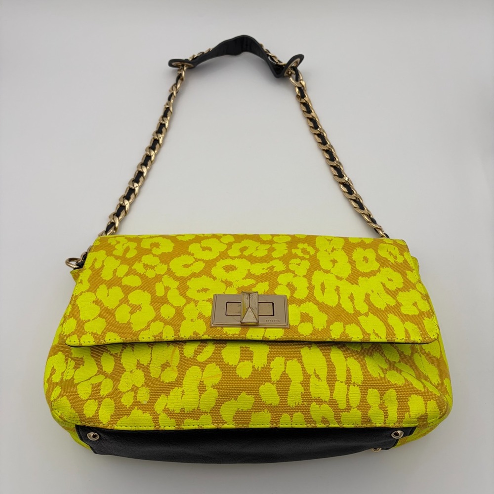 Juicy Couture Gretchen Neon Yellow Leopard Print Shoulder Bag Chain Strap Clutch